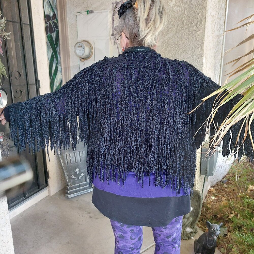 Black Crochet Fringed Knitted Cardigan  2XL